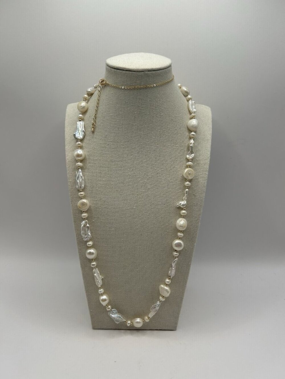 Baroque Freshwater Pearl Necklace Long Biwa Coin Pearls Gold Tone Statement